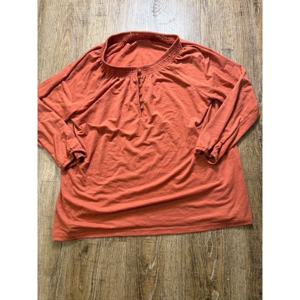 LL Bean Smocked Mock Neck Henley Top Rust Orange Tencel Blend Small 521745